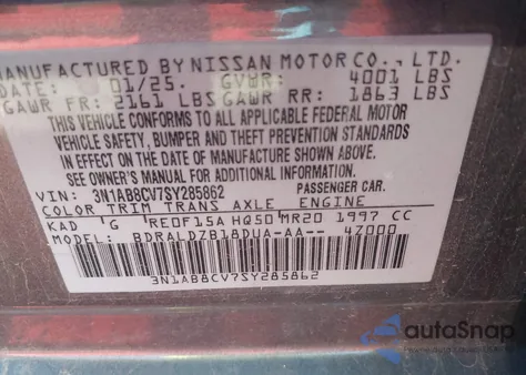 2025 Nissan Sentra Sv from USA, damaged, VIN 3N1AB8CV7SY285862